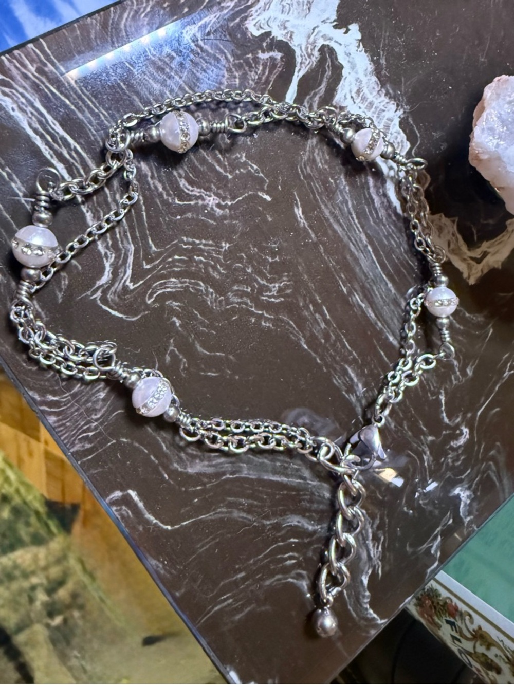 Vivienne #1 Anklet Rhinestone Pearl Double Layer Stainless Steel